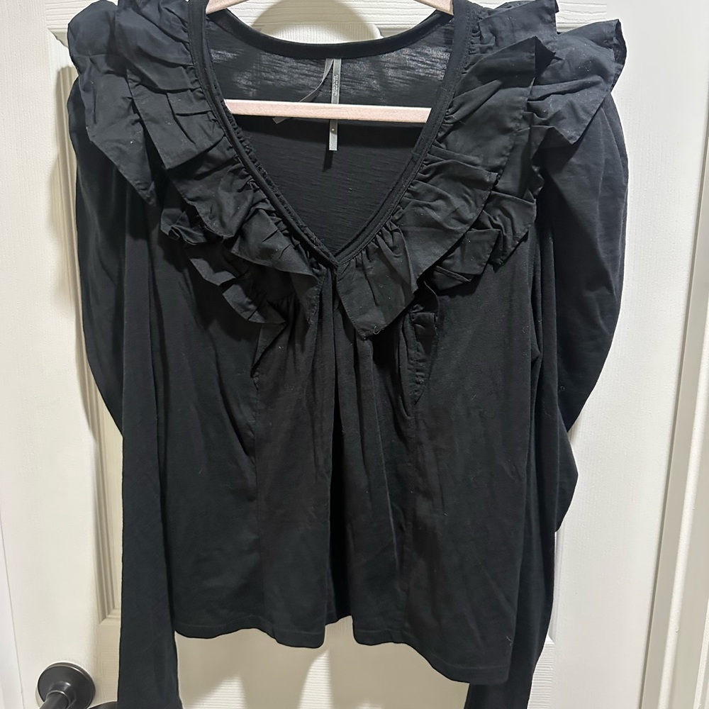 Anthropologie Black Ruffle V-Neck Blouse